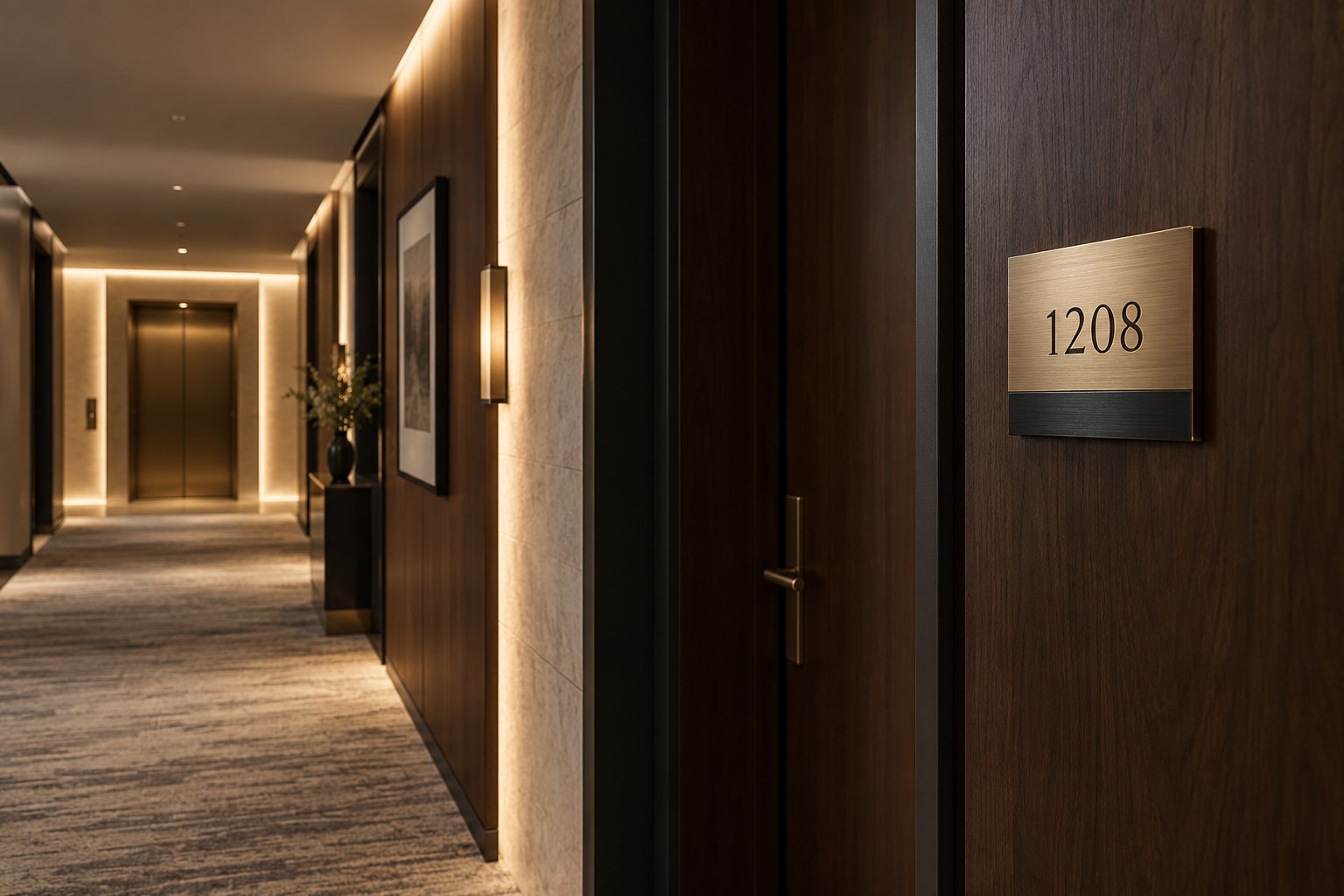 Brushed brass and black stainless steel hotel room number sign