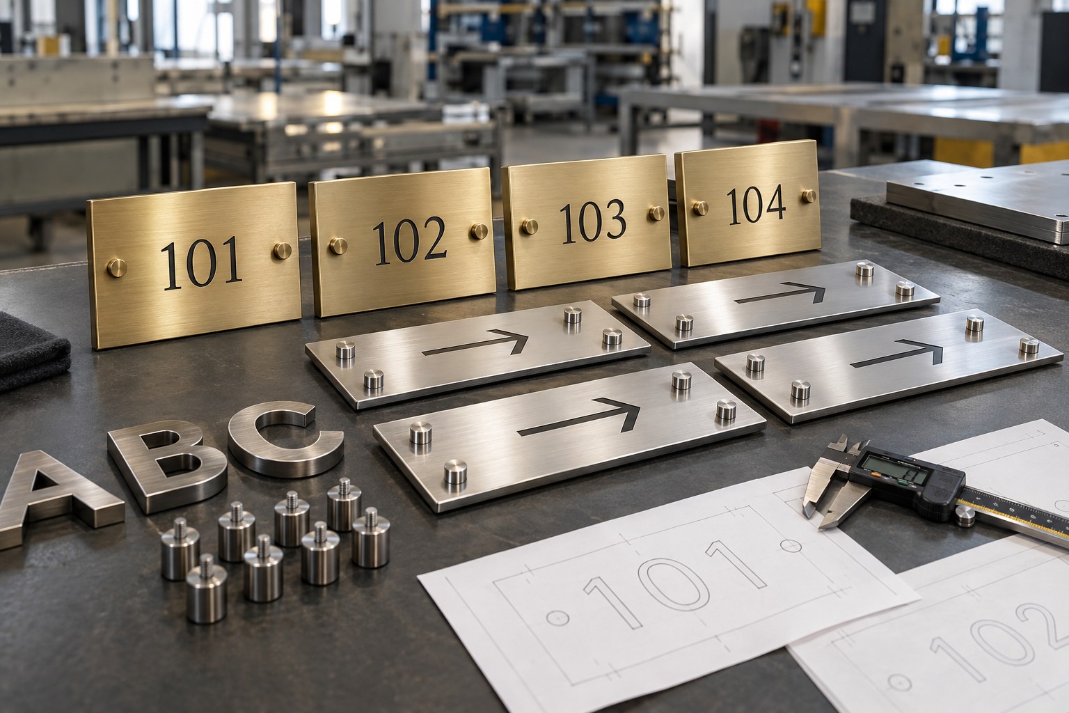 Matching brass room number plaques and stainless steel directional signs arranged for multi-location quality control
