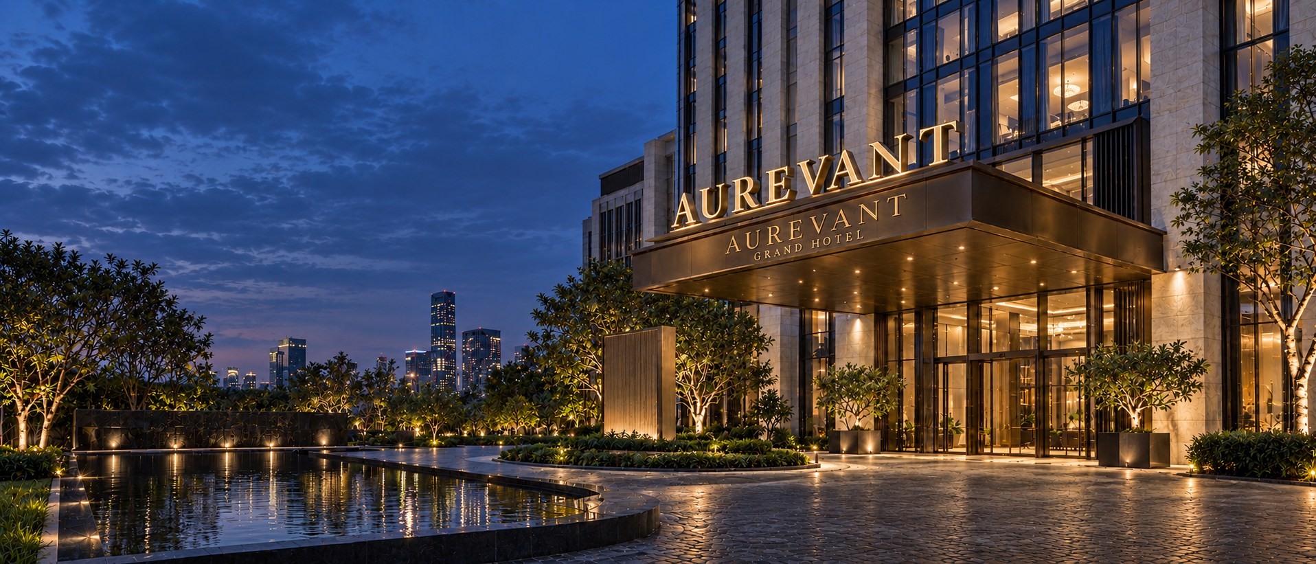 Illuminated freestanding metal hotel letters installed above a luxury entrance canopy at blue hour